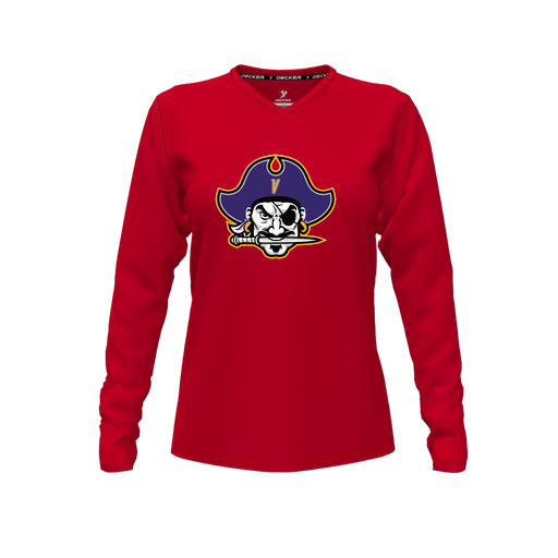[CUS-DFW-TEES-PER-VNK-LSL-RED-FYXS-LOGO1] Performance T-Shirt (Female Youth XS, Red, V Neck, Logo 1, Long Sleeve)